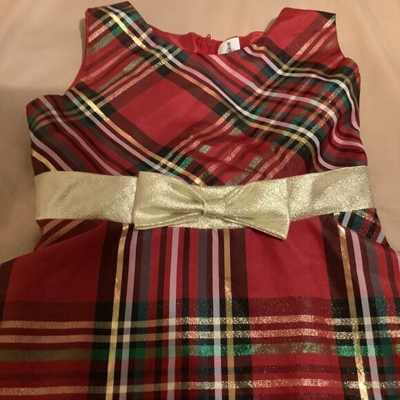 Rare Editions Girls Red Plaid Sleeveless Dress W/ Gold Bow Size 12 Holiday Party - Picture 7 of 10